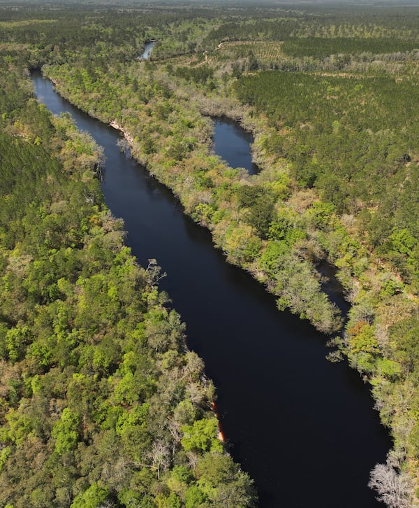 Drone photograph shows the St. Marys River,  which serves as the border between Georgia (right side) and Florida (left). The 130-mile river is in southeast Georgia and is bordered by the Satilla River Basin to the north and the Suwannee River Basin to the west. (Hyosub Shin/AJC 2024)