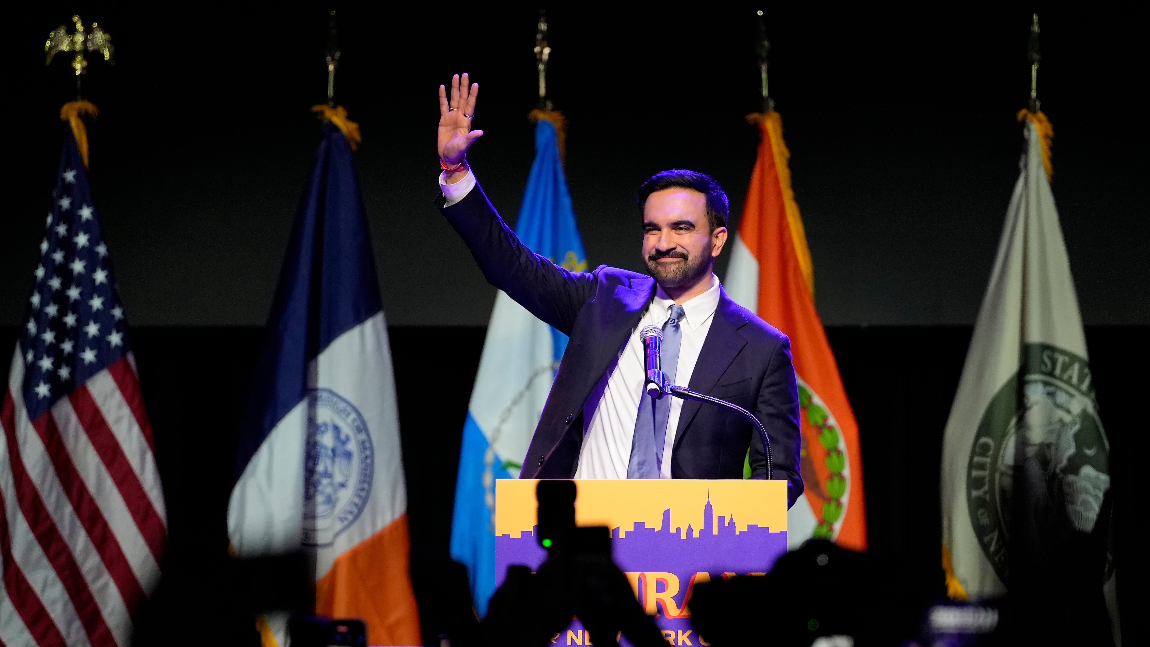 Mayor elect Zohran Mamdani waves to supporters after making his acceptance speech at an election nigh watch party, Tuesday, Nov. 4, 2025, in New York. (AP Photo/Yuki Iwamura)