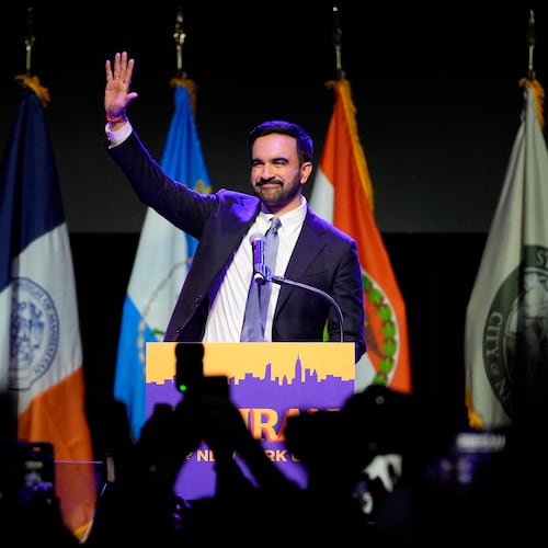 Mayor elect Zohran Mamdani waves to supporters after making his acceptance speech at an election nigh watch party, Tuesday, Nov. 4, 2025, in New York. (AP Photo/Yuki Iwamura)