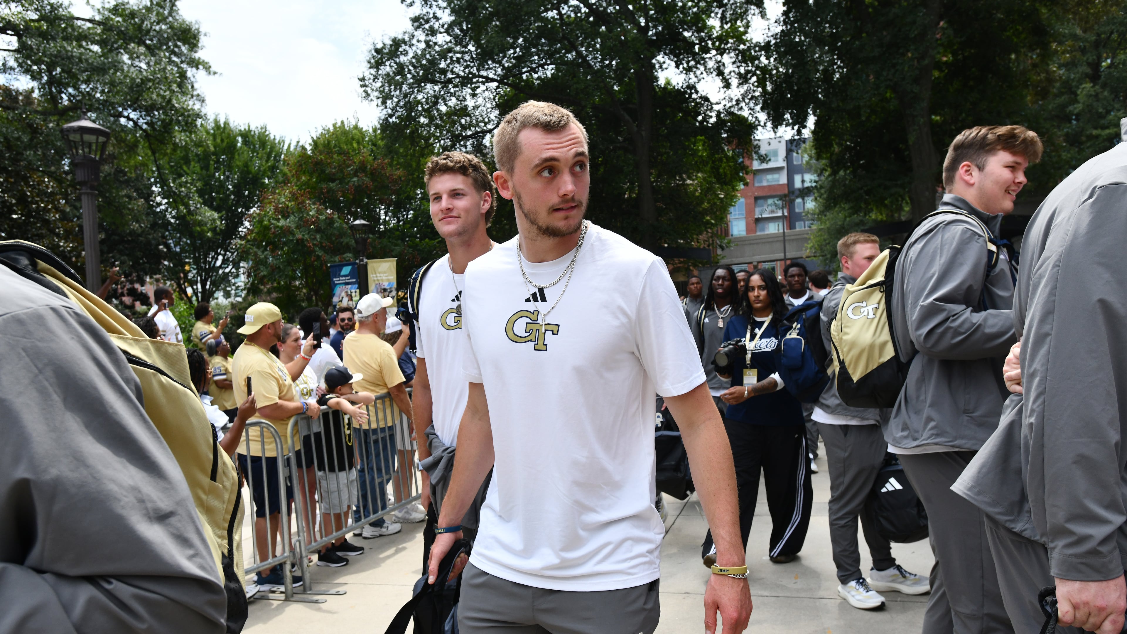 Georgia Tech quarterback Haynes King stayed on the sidelines Saturday for the Yellow Jackets' home opener against Gardner-Webb. (Hyosub Shin/AJC)