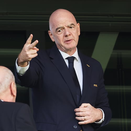 FIFA President Gianni Infantino gestures as he attends the Women's U20 World Cup opening match between Poland and Argentina in Katowice, Poland, Saturday, Sept. 5, 2026. (AP Photo/Beata Zawrzel)
