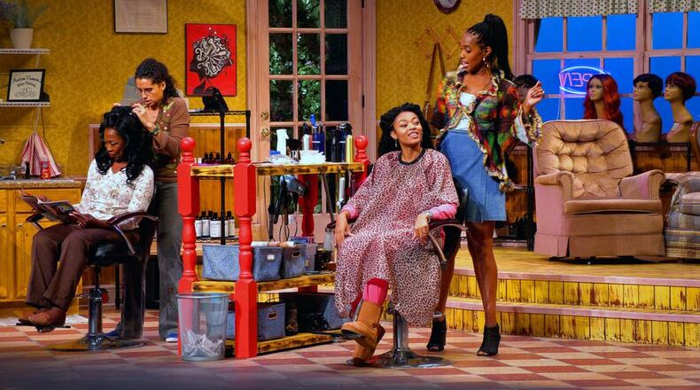 Vanessa “VJ” Roberts (M’Lynn),Courtney Locke (Annelle), Aleigha Burt (Shelby), and Chelcy Cutwright (Truvy), rehearse Wednesday for the Springer Opera House production of “Steel Magnolias.” (Courtesy of Mike Haskey)
