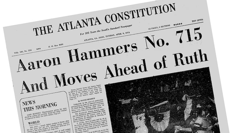 The Tuesday, April 9, 1974 edition of The Atlanta Constitution captures the moment Hank Aaron hit his 715th home run. (AJC Archive)