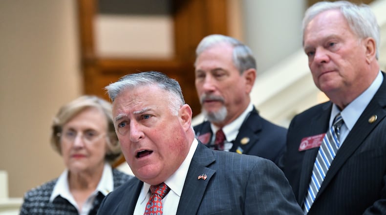 March 29, 2022 Atlanta - Georgia Commissioner of Insurance and Safety Fire John King speaks to members of the press during a press conference at the Georgia State Capitol on Tuesday, March 29, 2022. The state of Georgia has fined Anthem/Blue Cross Blue Shield $5 million for a repeated, years-long pattern of violations of policyholder’s rights.(Hyosub Shin / Hyosub.Shin@ajc.com)