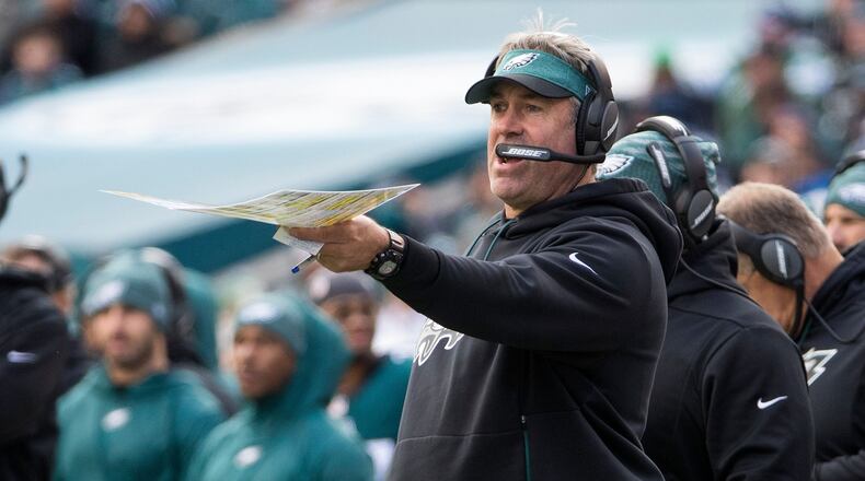 Eagles head coach Doug Pederson gives instructions to his team Sunday at Lincoln Financial Field.