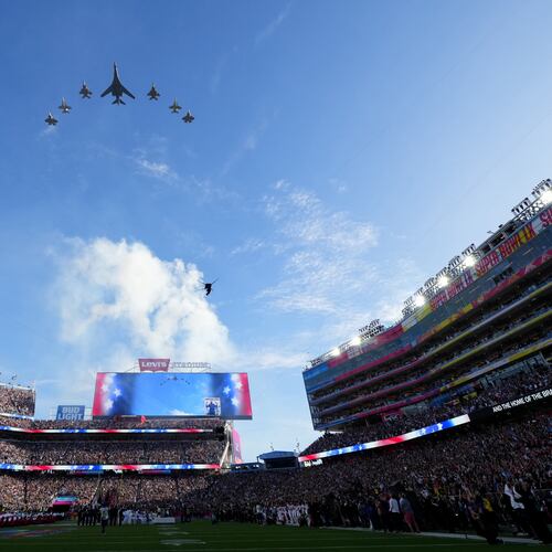 Planes fly in formation over Levi's Stadium before the NFL Super Bowl 60 football game between the New England Patriots and the Seattle Seahawks, Sunday, Feb. 8, 2026, in Santa Clara, Calif. (AP Photo/Julio Cortez)