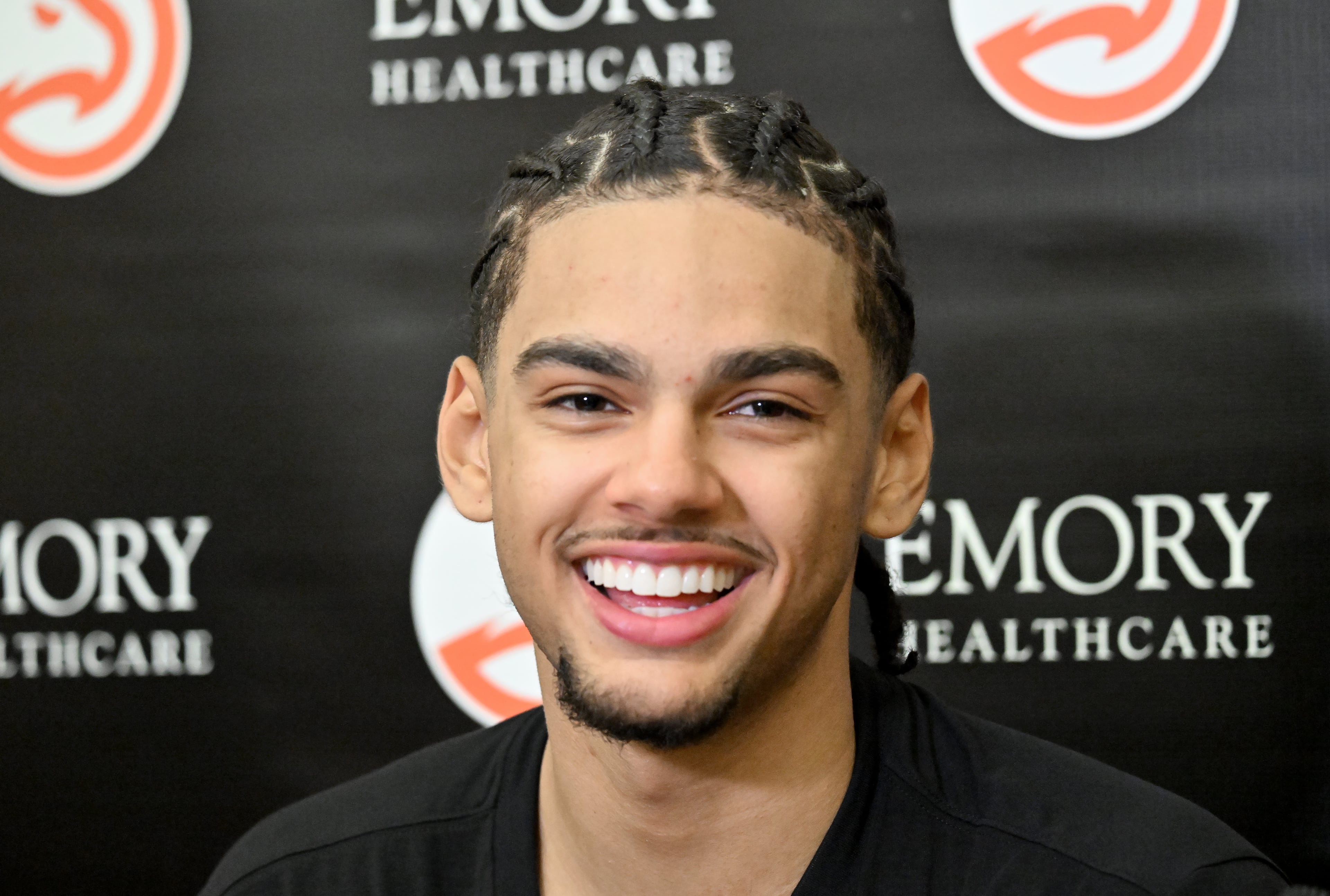 Hawks forward Asa Newell answers questions from the media inside the Emory Sports Medicine Complex on Tuesday, Sept. 30, 2025, in Brookhaven. (Hyosub Shin/AJC)