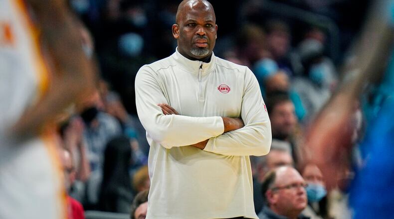 Hawks coach Nate McMillan was not happy with his team's performance in the third quarter Sunday against the host Celtics. (AP Photo/Rusty Jones)