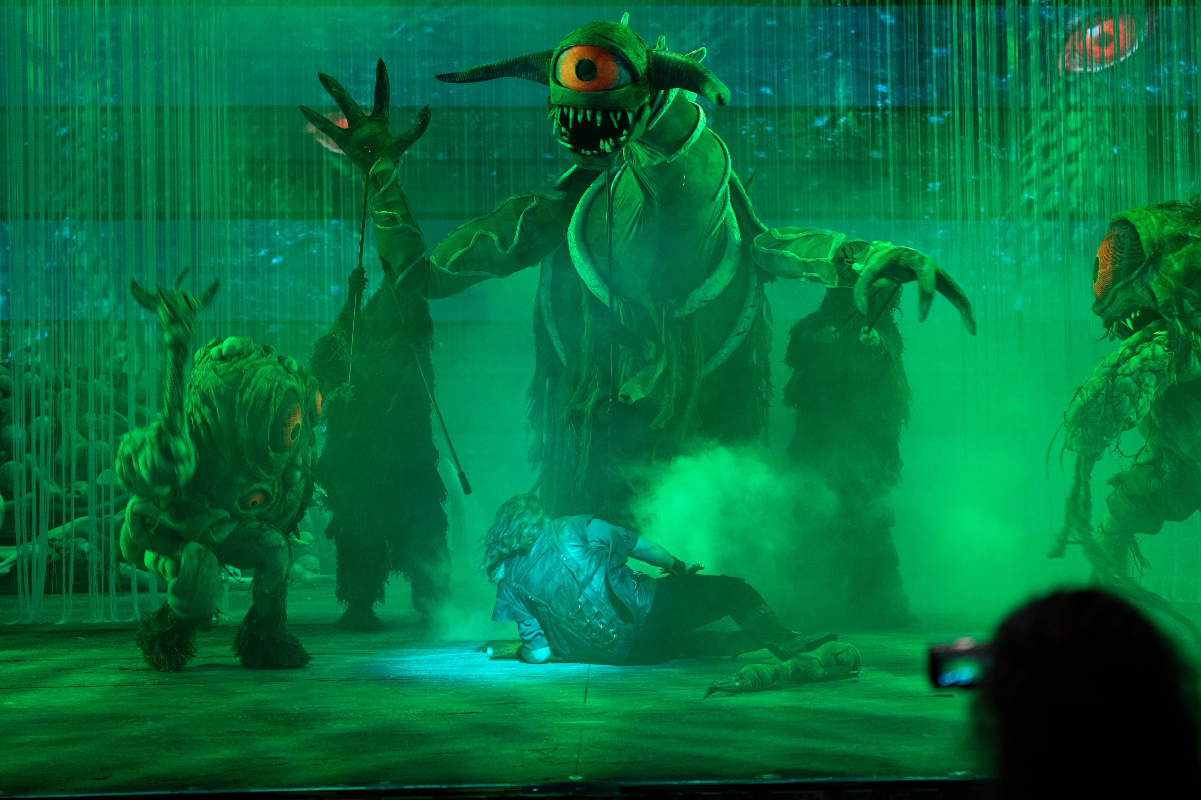 Barral films a high-intensity scene from the Atlanta Opera’s production of "Siegfried," enhanced by large-scale puppetry and dynamic lighting at the Cobb Energy Performing Arts Centre in April. (Olivia Bowdoin for the AJC)