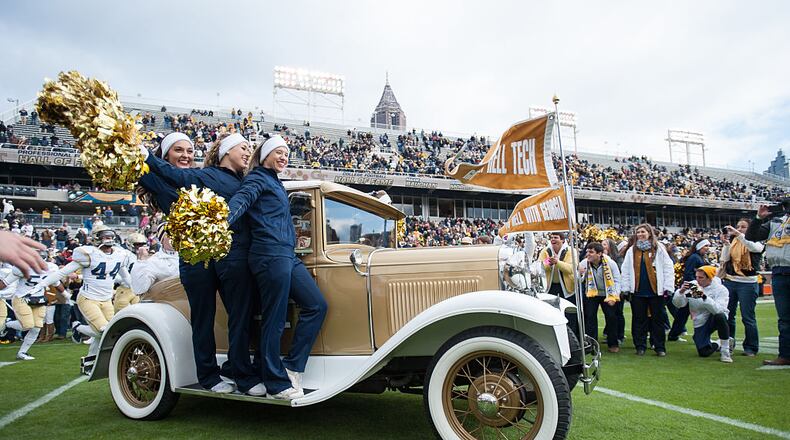 ATLANTA, GA - NOVEMBER 1: Georgia Tech Yellow Jackets car, the Ramblin' Wreck drives on to the field prior to their game against the Virginia Cavaliers on November 1, 2014 at Bobby Dodd Stadium in Atlanta, Georgia. The Georgia Tech Yellow Jackets defeated the Virginia Cavaliers 35-10. (Photo by Michael Chang/Getty Images)