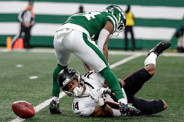 Falcons returner Jamal Agnew stars down his fumble against the Jets. 