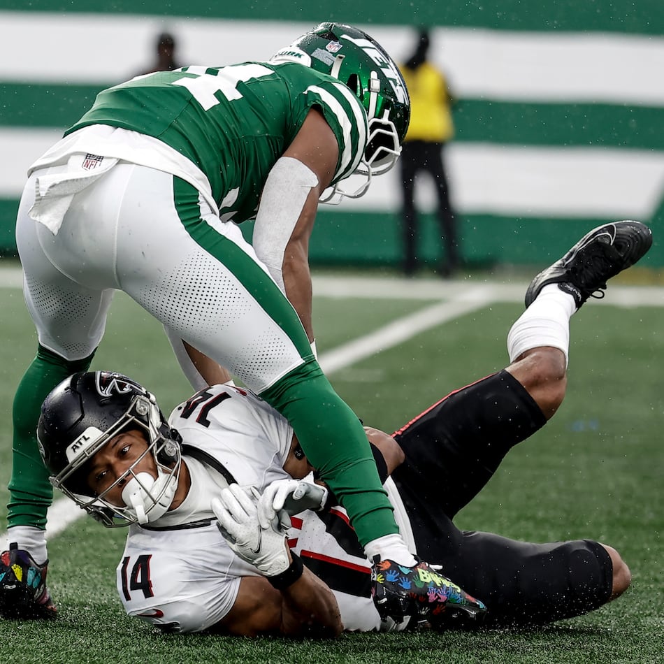 Atlanta Falcons wide receiver Jamal Agnew fumbles the ball against the New York Jets during the first half of an NFL football game, Sunday, Nov. 30, 2025, in East Rutherford, New Jersey. (Adam Hunger/AP)