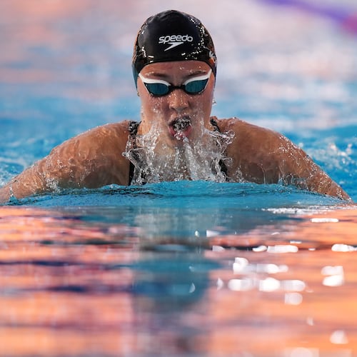 Summer McIntosh, of Canada, competes in the women's 400 meters individual medley at the Pan Pacific Swimming Championships Thursday, Aug. 13, 2026 in Irvine, Calif. (AP Photo/Gregory Bull)