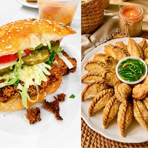 A triptych of vertical food images, from left: Sandwich with seasoned meat, lettuce, tomato, onion and pickles on a sesame seed bun; Fried pastel dumplings arranged around a bowl of green dipping sauce; and pasta served in broth in a small bowl.