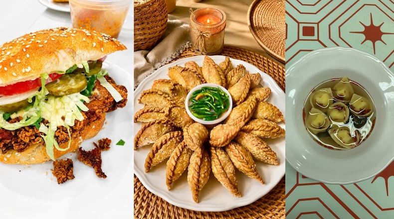 A triptych of vertical food images, from left: Sandwich with seasoned meat, lettuce, tomato, onion and pickles on a sesame seed bun; Fried pastel dumplings arranged around a bowl of green dipping sauce; and pasta served in broth in a small bowl.