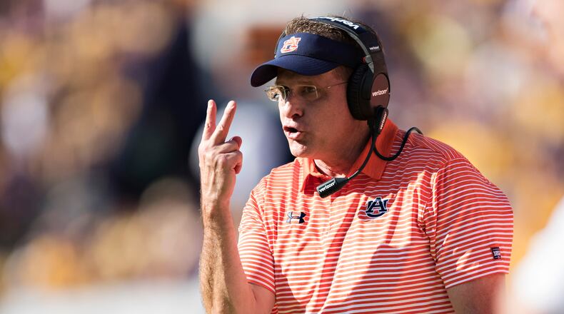 Auburn's Gus Malzahn at work against LSU, the Tigers lone conference loss. (Wesley Hitt/Getty Images)