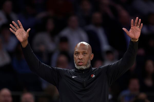 Portland Trail Blazers head coach Chauncey Billups directs his team during the second half of an NBA basketball game against the New York Knicks, Sunday, March 30, 2025, in New York. (AP Photo/Adam Hunger)