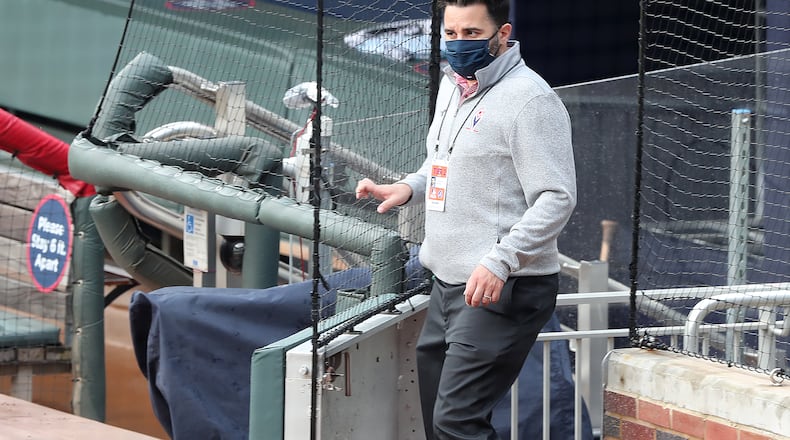 Braves general manager Alex Anthopoulos wears a mask as he enters the field at Truist Park before the team plays the Tampa Bay Rays on Thursday, July 30, 2020 in Atlanta.  Curtis Compton ccompton@ajc.com