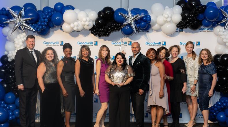 Pictured are PJ Bain, PrimeRevenue & Goodwill of North Georgia Battle of the BIZ! Committee Co-Chair; Jenny Taylor, VP Career Services at Goodwill of North Georgia; Katrena Holmes; Founder of Strategic Product Development International and Battle of the BIZ! Finalist; DeRetta Rhodes, Atlanta Braves and Vice Chair of Goodwill of North Georgia’s board of directors; Stephanie Stuckey, Stuckey’s; Kristel Valencia, founder Cafexito and 2023 Goodwill of North Georgia’s Battle of the BIZ! Winner; Keith Parker, CEO at Goodwill of North Georgia; Toyasha Albert, Founder, SELF Do You Believe in Education? And Battle of the BIZ! Finalist; JoAnn McClean, Goodwill of North Georgia; Alicen Blair, Korn Ferry and Goodwill of North Georgia Battle of the BIZ! Committee Co-Chair; Meghan Pietrantonio, Truist Foundation; Emily Carter, VP of Development at Goodwill of North Georgia