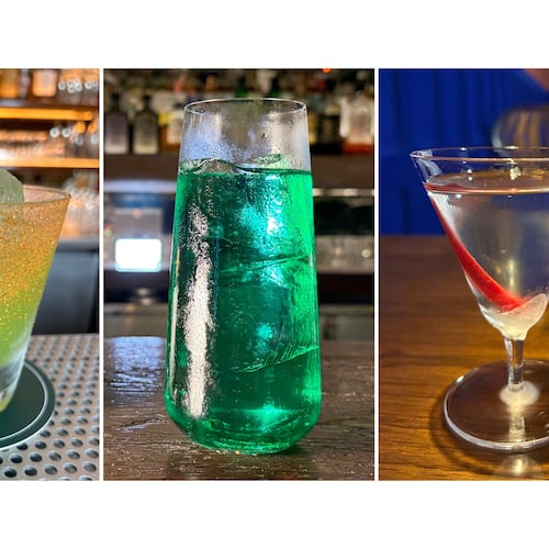 This combination of images shows various spicy cocktails, from left, Bagheera, Doctor Green, and Late Night. (AP Photo)