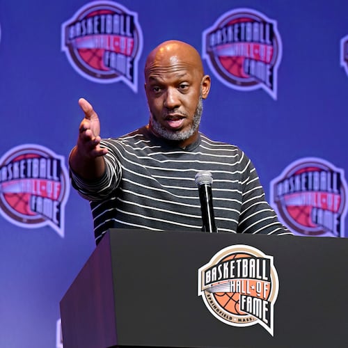 FILE - Basketball Hall of Fame Class of 2024 inductee Chauncey Billups speaks at a hall of fame news conference at Mohegan Sun, Oct. 12, 2024, in Uncasville, Conn. (AP Photo/Jessica Hill, file)