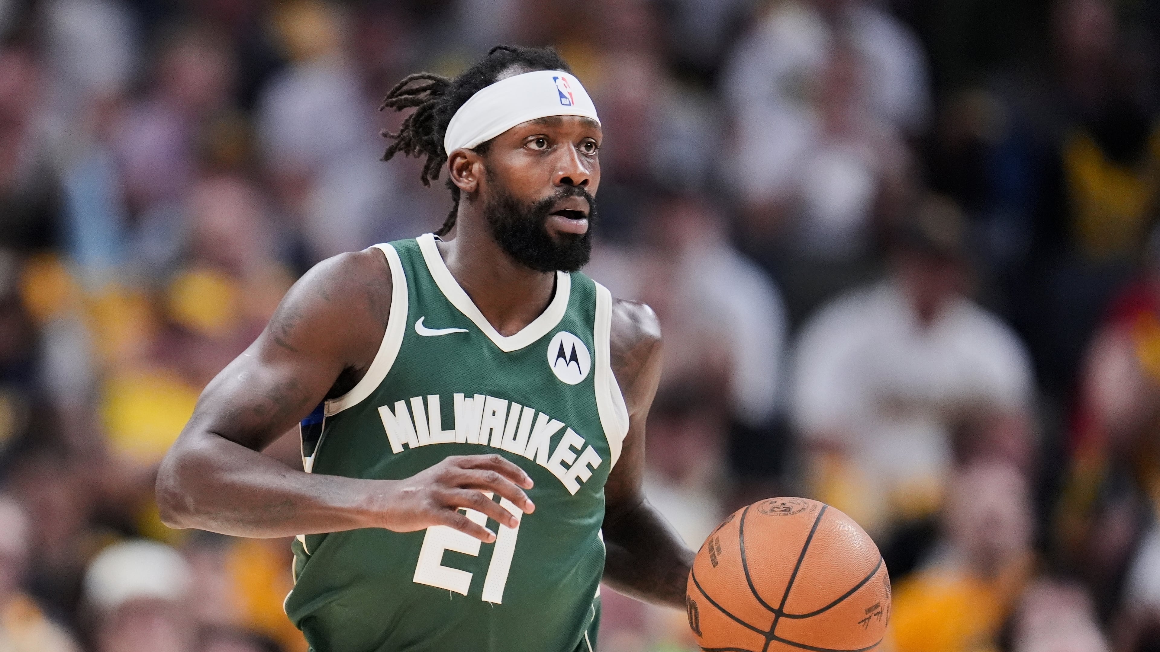 FILE - Milwaukee Bucks' Patrick Beverley dribbles during the first half of Game 4 of the first round NBA playoff basketball series against the Indiana Pacers, Sunday, April 28, 2024, in Indianapolis. (AP Photo/Michael Conroy, File)