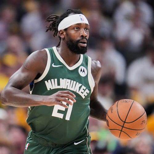 FILE - Milwaukee Bucks' Patrick Beverley dribbles during the first half of Game 4 of the first round NBA playoff basketball series against the Indiana Pacers, Sunday, April 28, 2024, in Indianapolis. (AP Photo/Michael Conroy, File)