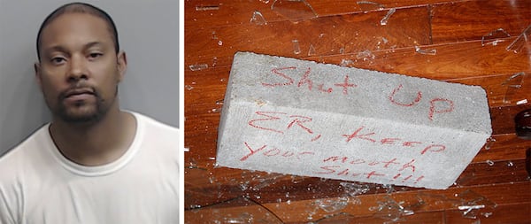 Left: a police mugshot of former city of Atlanta employee Shandarrick Barnes. Right: the infamous brick Barnes is accused of throwing in an alleged attempt to intimidate a key figure in the Atlanta City Hall bribery scandal. (Contributed)
