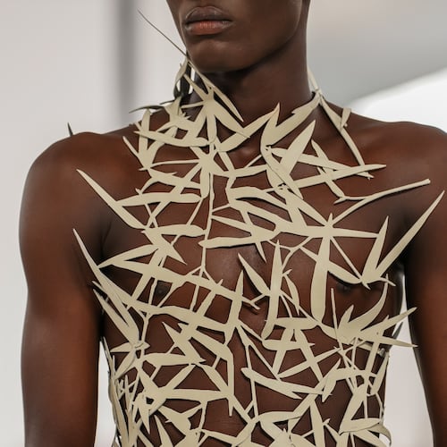 A model wears a creation as part of the Issey Miyake Homme Spring Summer 2027 collection presented in Paris, France, Thursday, June 25, 2026. (AP Photo/Aurelien Morissard)