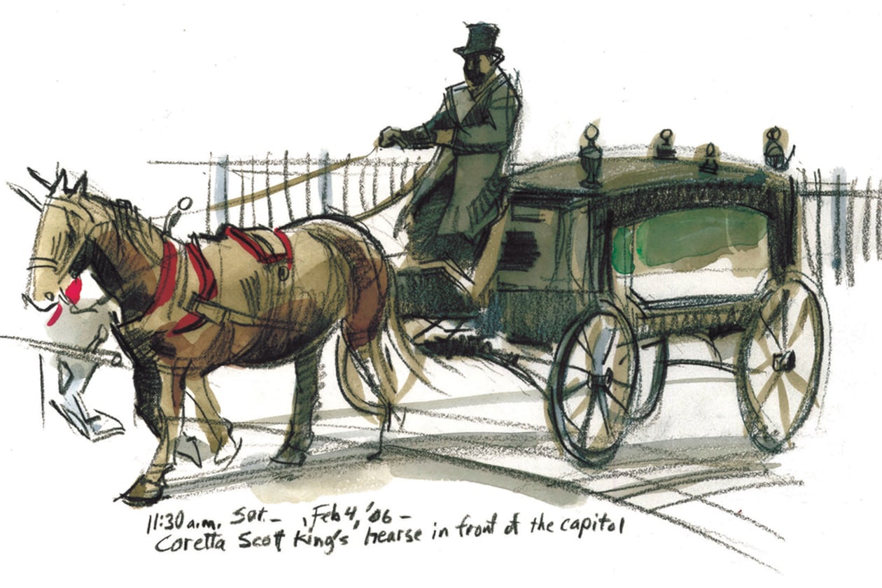 A sketch of the hearse for Coretta Scott King made on Feb. 4, 2006, several days before her funeral, by AJC artist Walter Cumming, who covered the event live with his sketchbook.
