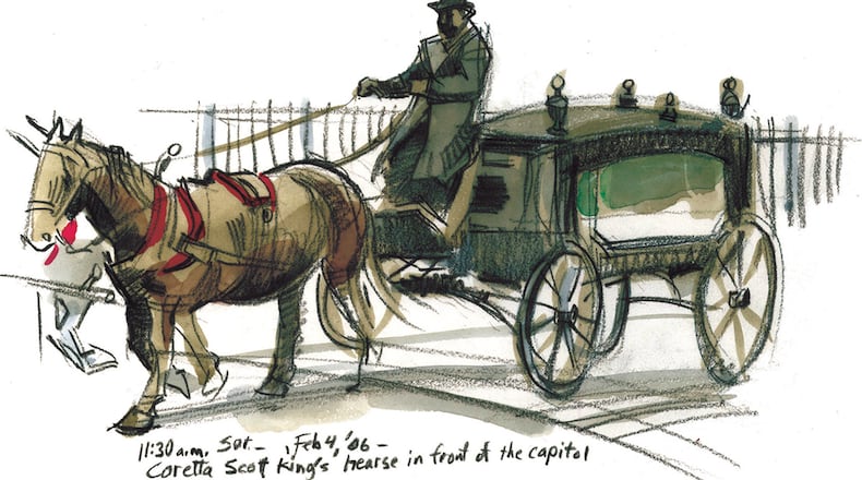 A sketch of the hearse for Coretta Scott King made on Feb. 4, 2006, several days before her funeral, by AJC artist Walter Cumming, who covered the event live with his sketchbook.