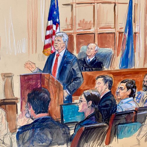 This courtroom sketch depicts Justice Department prosecutor John Gibbs speaking as defense attorneys Lauren Rosen, Geremy Kamens, from center middle seated, defendant Mohammad Sharifullah, and an interpreter, listen along with Judge Anthony John Trenga during the opening day of the trial for Sharifullah in federal court in Alexandria, Va., Monday, April 20, 2026. (Dana Verkouteren via AP)