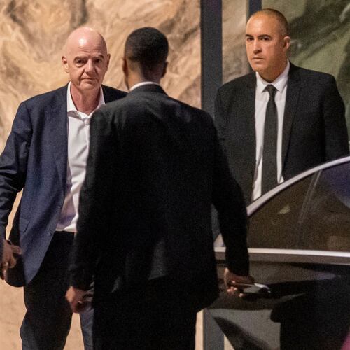 FIFA president Gianni Infantino leaves after attending a Women AFCON 2026 soccer match between Malawi and Zambia, in Rabat, Morocco, Wednesday, Aug. 5, 2026. (AP Photo)