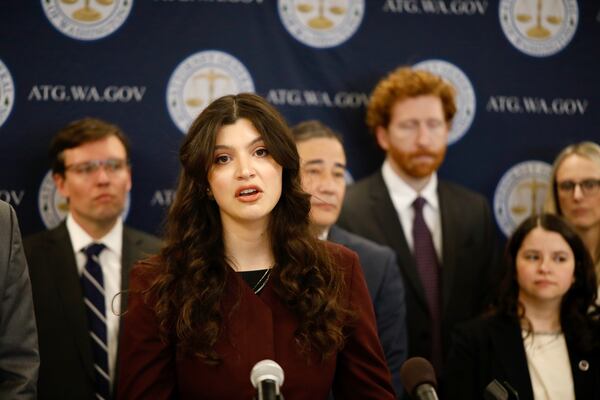 State Rep. Sharlett Mena, D-Washington, speaks during a news conference in which the state attorney general announced a federal lawsuit challenging President Donald Trump's executive order attempting to overhaul elections in the U.S., in Seattle, Friday, April 4, 2025. (AP Photo/Manuel Valdes)