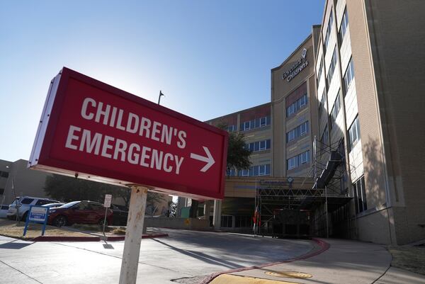 FILE - Covenant Children's Hospital is pictured from outside the emergency entrance on Wednesday, Feb. 26, 2025, in Lubbock, Texas, after the first U.S. death from measles since 2015. (AP Photo/Mary Conlon, File)