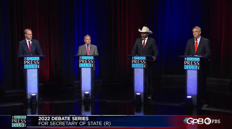 Republican candidates running for Georgia secretary of state participated Monday in the Atlanta Press Club debate at Georgia Public Broadcasting. From left: David Belle Isle, Jody Hice, T.J. Hudson and Brad Raffensperger.