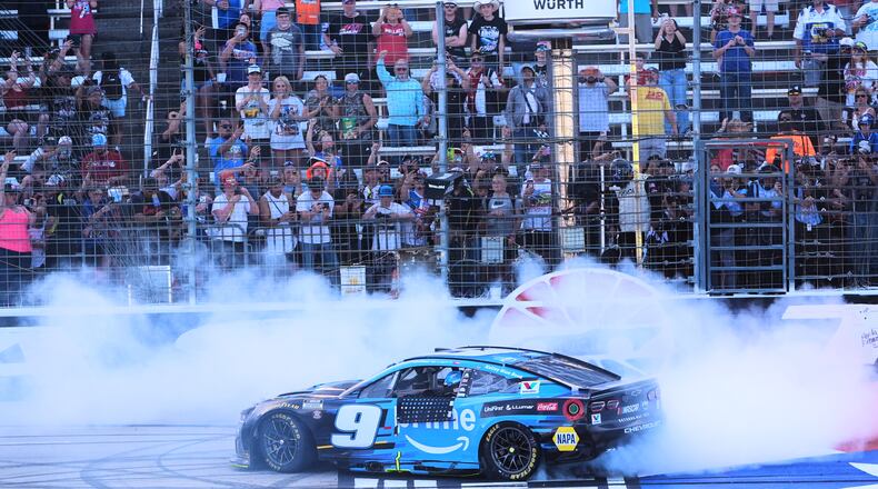 Chase Elliott does a burnout at the finish line after winning a NASCAR Cup Series auto race in Fort Worth, Texas, Sunday, May 3, 2026. (AP Photo/LM Otero)