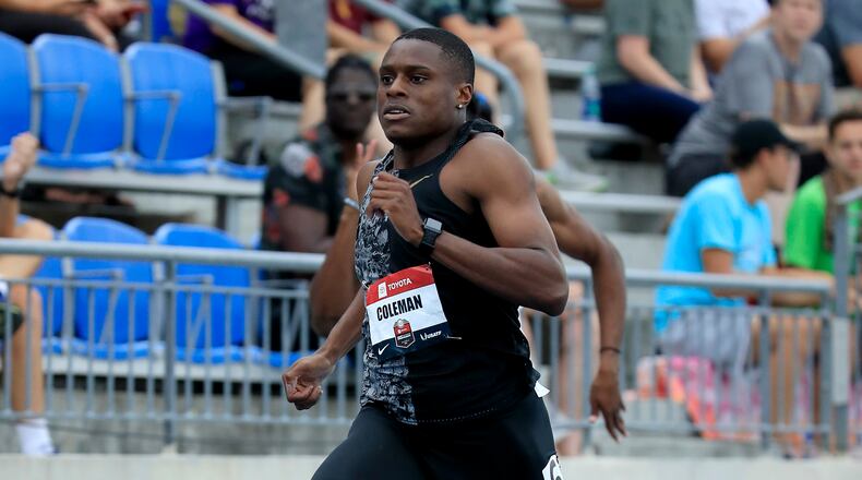 Atlanta's  Christian Coleman competes in the 200 meter semifinal during the 2019 USATF Outdoor Championships at Drake Stadium on July 28, 2019 in Des Moines, Iowa.