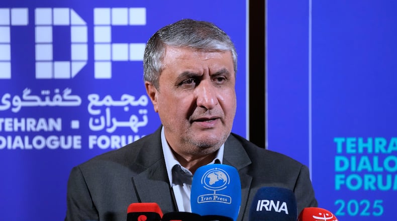 FILE - Head of Iran's Atomic Energy Organization Mohammad Eslami speaks at a news briefing in Tehran, Iran, Nov. 16, 2025. (AP Photo/Vahid Salemi, File)