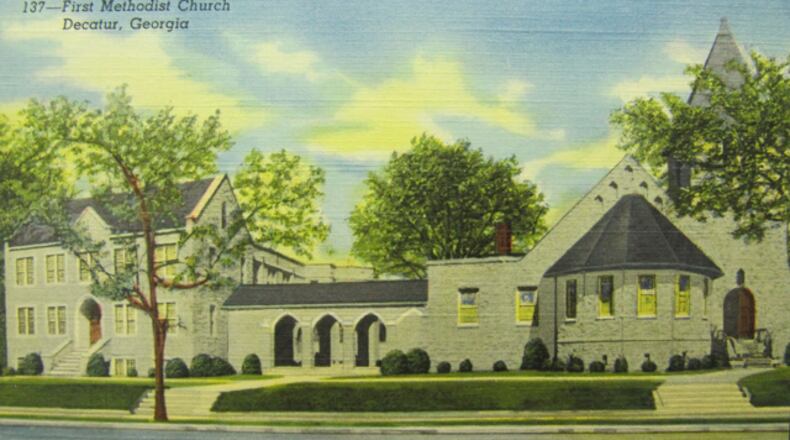 This is likely a 1950s postcard of the Decatur First United Methodist chapel, to the right, the three-story preschool building to the left and the breezeway connecting the two.Courtesy of the Pitts Theology Library at Emory University.