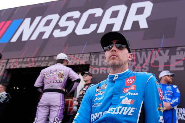 Denny Hamlin waits to be introduced before a NASCAR Cup Series auto race Sunday, June 1, 2025, in Lebanon, Tenn. (AP Photo/George Walker IV)