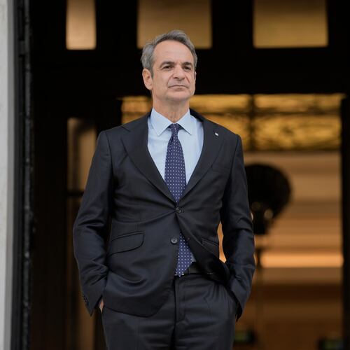 FILE - Greece's Prime Minister Kyriakos Mitsotakis waits for the arrival of the European Parliament president in Athens, April 9, 2025. (AP Photo/Petros Giannakouris)