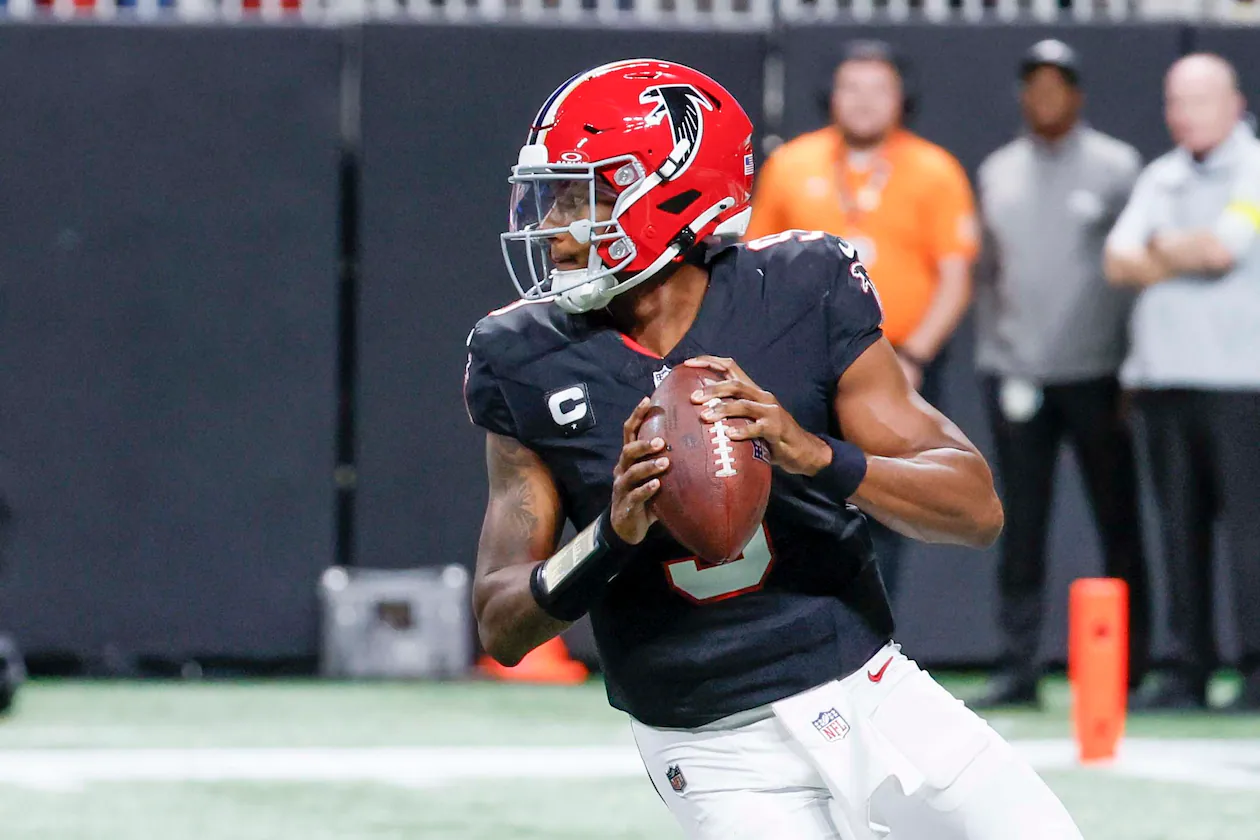 Falcons quarterback Michael Penix Jr. attempts a pass in the second half against the Bills at Mercedes-Benz Stadium on Monday, Oct. 13, 2025. (Miguel Martinez/AJC)