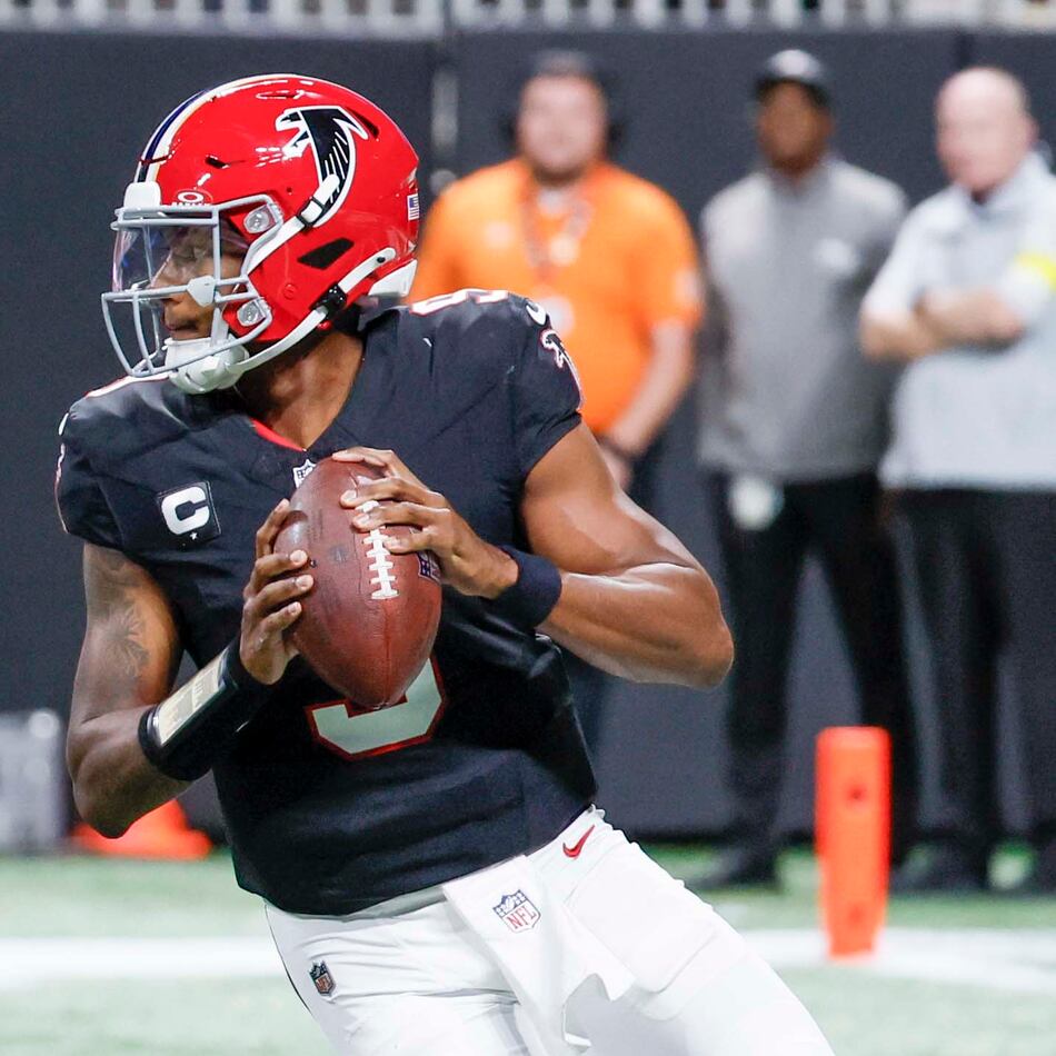 Falcons quarterback Michael Penix Jr. attempts a pass in the second half against the Bills at Mercedes-Benz Stadium on Monday, Oct. 13, 2025. (Miguel Martinez/AJC)