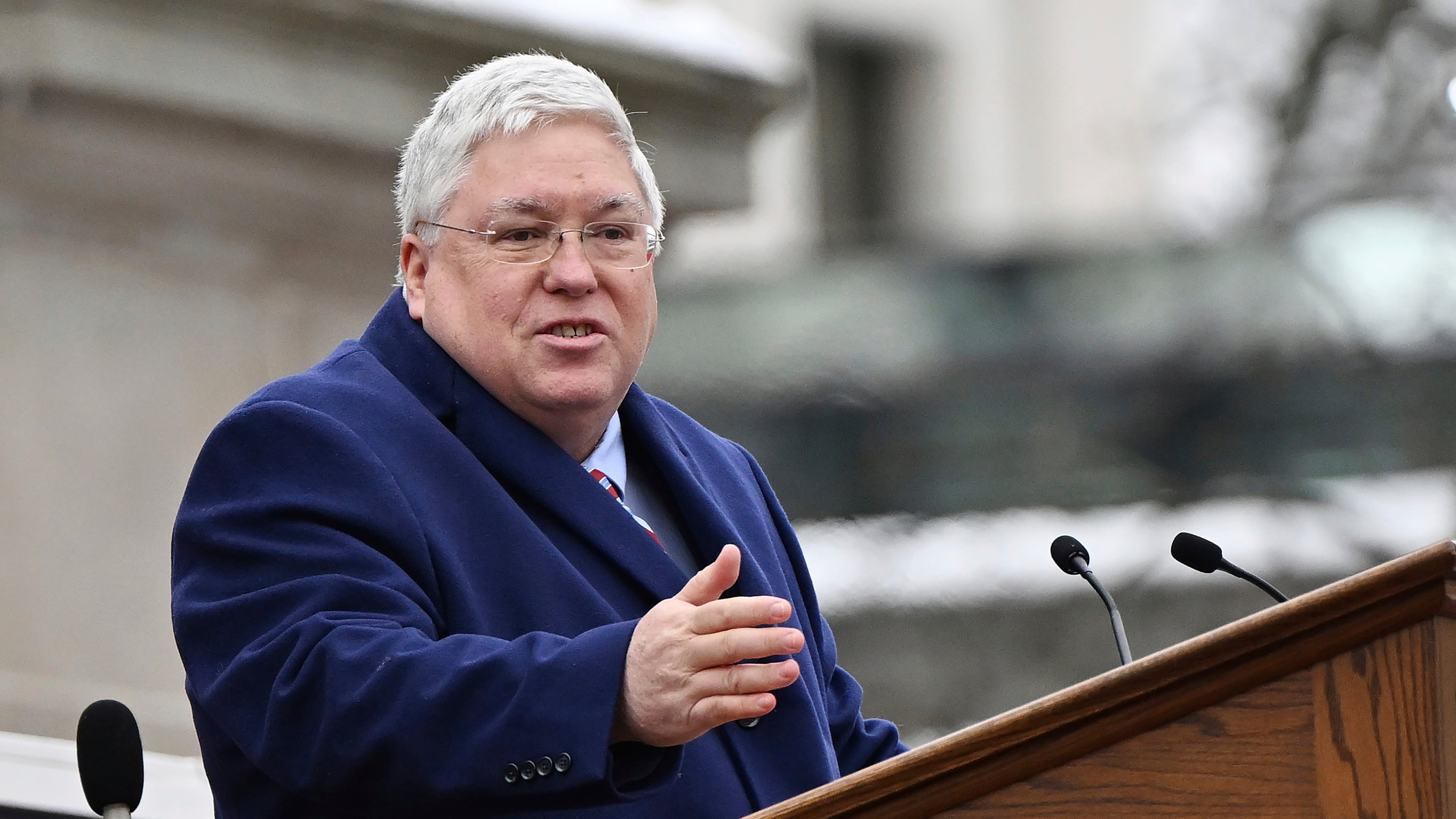 FILE - West Virginia Gov. Patrick Morrisey speaks at the state capitol in Charleston, W.Va., Jan. 13, 2025. (AP Photo/Chris Jackson, File)