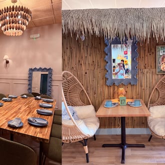 A triptych of photos showing a the interior of a Filipino restaurant, including a long table set with plates under a chandelier, wicker egg-shaped chairs under a thatched roof and restaurant tables surrounded by Filipino decor