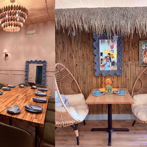 A triptych of photos showing a the interior of a Filipino restaurant, including a long table set with plates under a chandelier, wicker egg-shaped chairs under a thatched roof and restaurant tables surrounded by Filipino decor