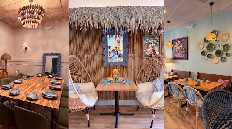 A triptych of photos showing a the interior of a Filipino restaurant, including a long table set with plates under a chandelier, wicker egg-shaped chairs under a thatched roof and restaurant tables surrounded by Filipino decor