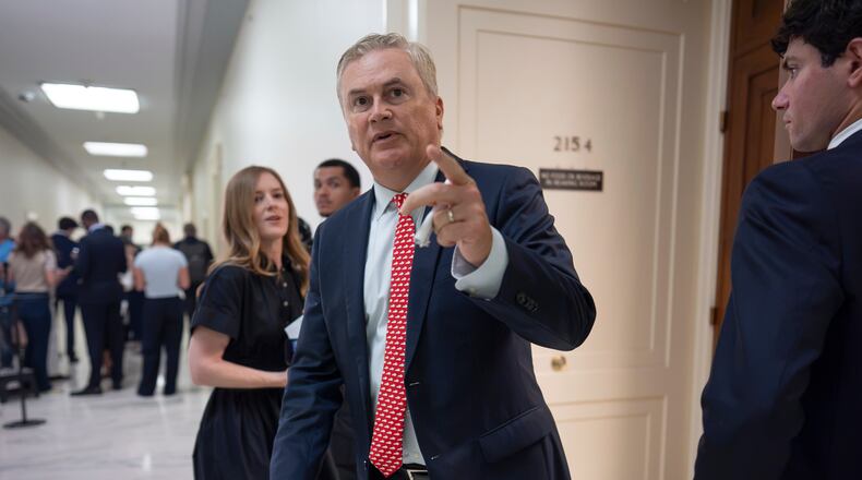 House Oversight Committee Chairman James Comer, R-Ky., arrives to hold a closed-door interview with Leon Black, a billionaire who was close with Jeffrey Epstein, at the Capitol in Washington, Friday, June 26, 2026. (AP Photo/J. Scott Applewhite)