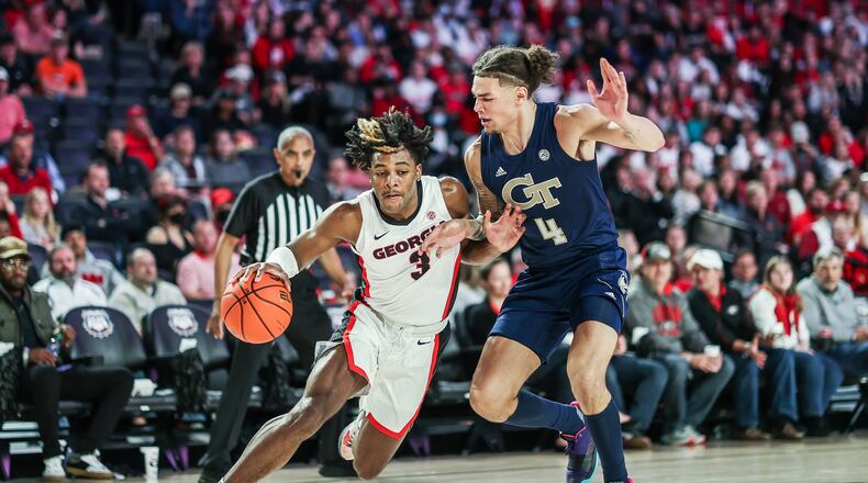 Georgia basketball player Kario Oquendo (3) during a game against Georgia Tech in Stegeman Coliseum in Athens, Ga., on Friday, Nov. 19, 2021. (Photo by Mackenzie Miles)